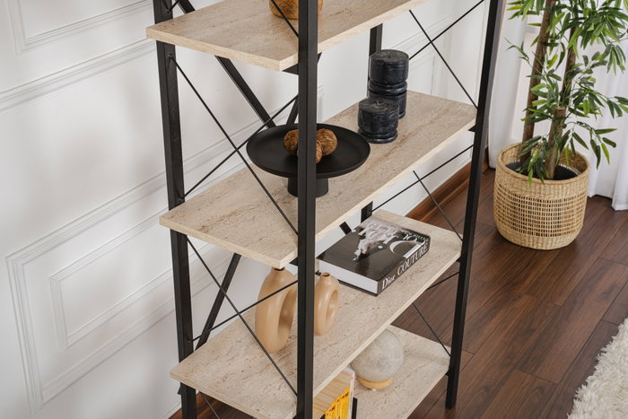 Nordure Estantería Travertino Negro Ancho 90 cm Alto 180 cm Profundo 33.5 cm Melamina Metal